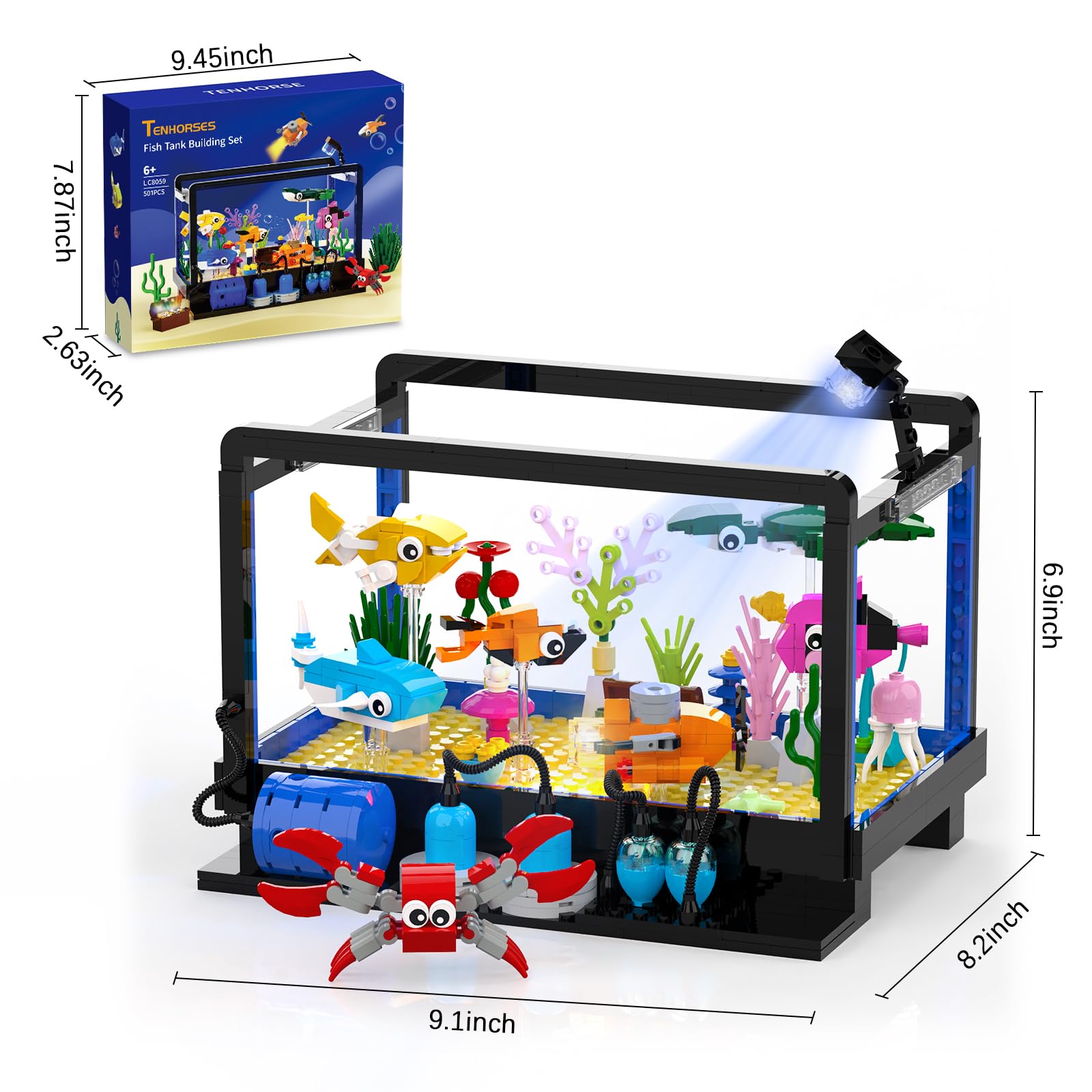 Tenhorses Fish Tank Building Block Set, Lighting Aquarium Sets Including Marine Life, a Submarine and a Treasure Chest, Building Block Toy for 6+
