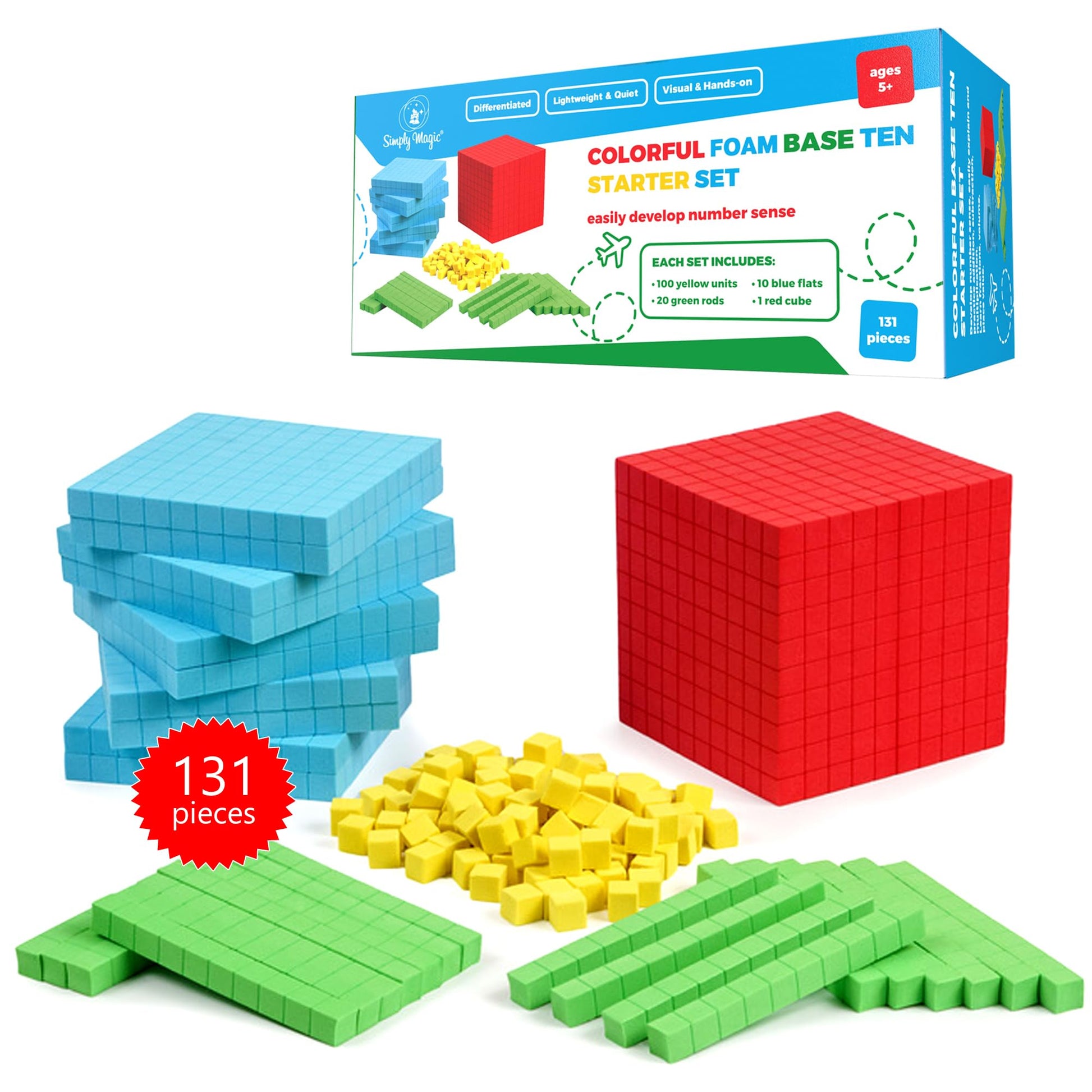 Simply magic 131 PCS Foam Base Ten Blocks for Math - Place Value Blocks, Base 10 Math Manipulatives K-3, Math Counters, Number Blocks, Math Cubes