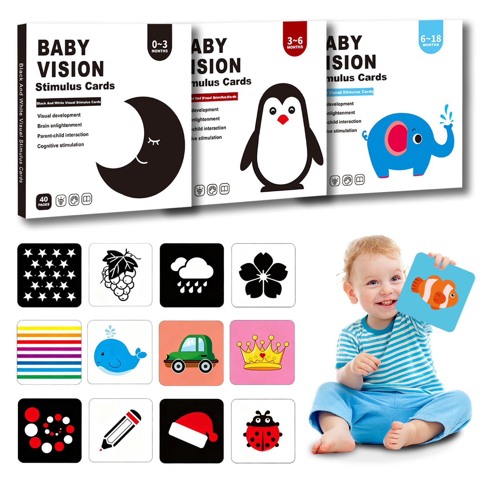 High Contrast Baby Flashcards - 120pcs Newborn Black White Visual Stimulation Learning Card for 0-18 Months Babies Activities Educational Gifts