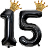40 inch Large Black 15 Balloon Number with Gold Crown Balloons 15th Birthday Big Foil Mylar Helium Balloon for Boys Girls 15th Birthday Anniversary