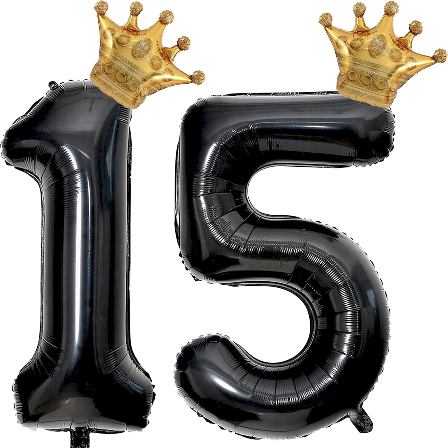 40 inch Large Black 15 Balloon Number with Gold Crown Balloons 15th Birthday Big Foil Mylar Helium Balloon for Boys Girls 15th Birthday Anniversary
