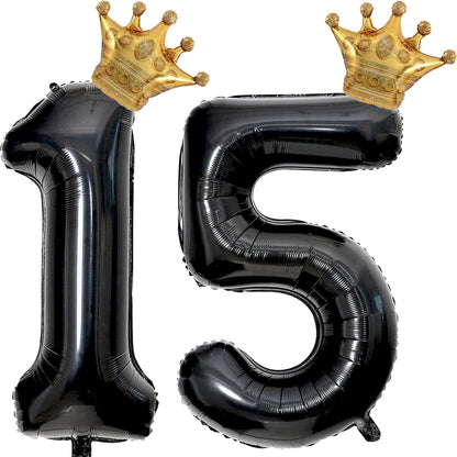 40 inch Large Black 15 Balloon Number with Gold Crown Balloons 15th Birthday Big Foil Mylar Helium Balloon for Boys Girls 15th Birthday Anniversary