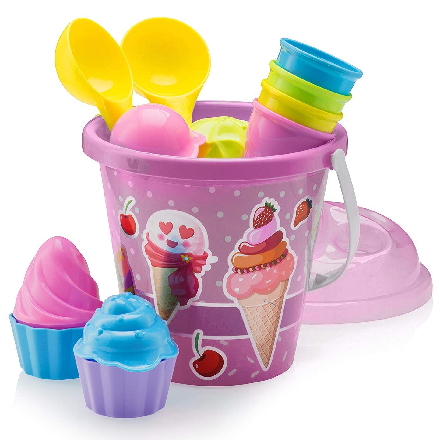 Top Race Ice Cream Sand Toys for Kids with Large 9" Bucket Pail and Spade Scoop Shovels - Kid Beach Toys | 16pcs (Pink) Ice Cream Playset Great