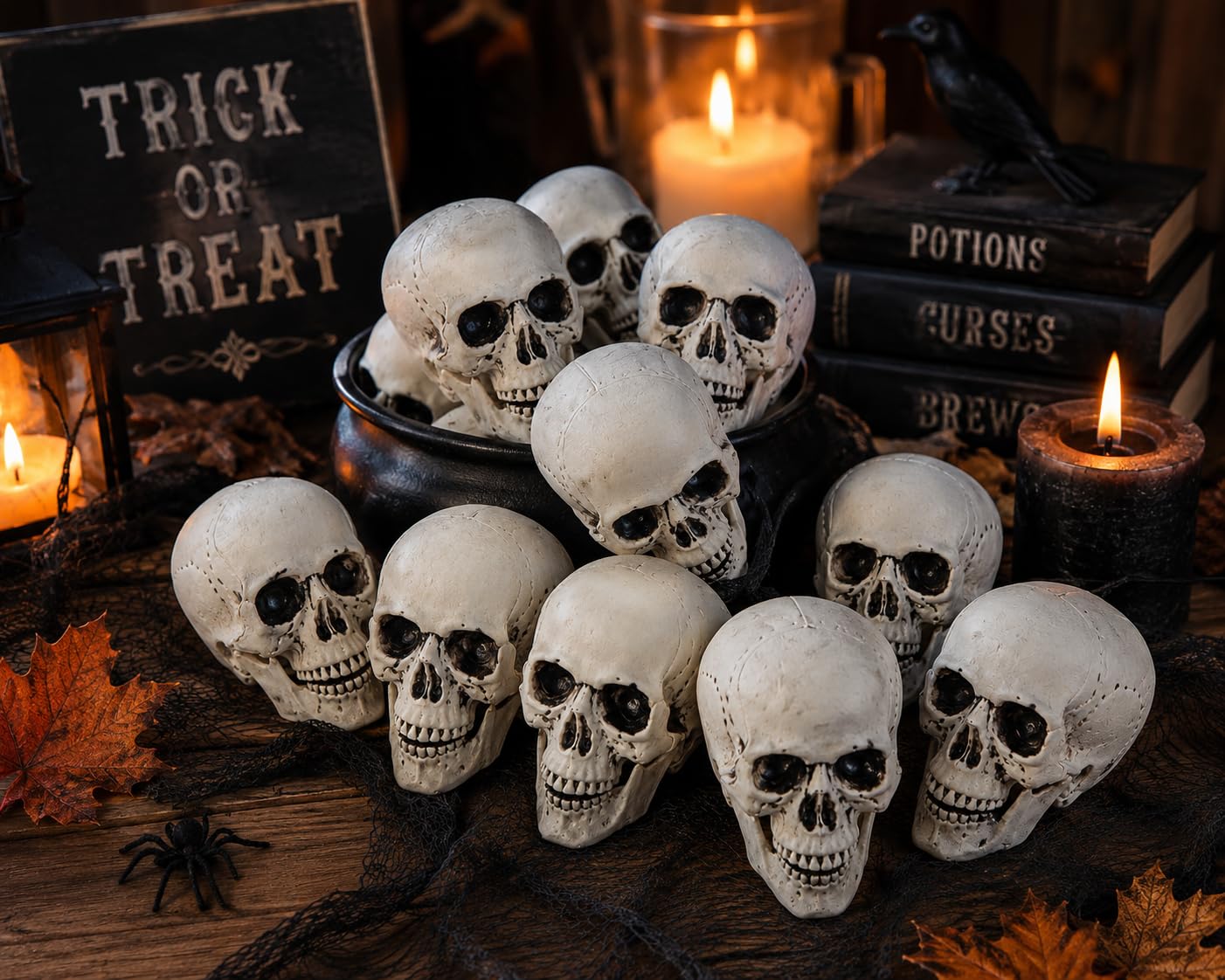 Fun Express White Plastic Realistic Skeleton Skulls 5 Inch for Halloween Party, Bar and Table Decorations, 12 Pack