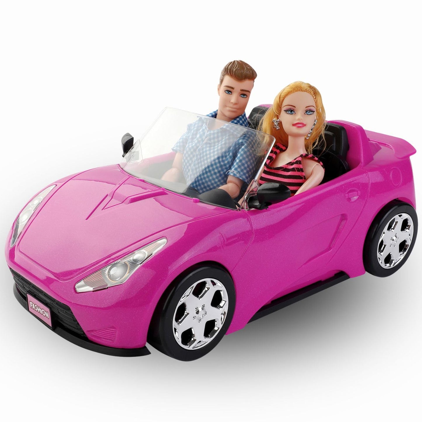 Liberty Imports Doll-Sized Convertible Car for Dolls - 2-Seater Pink Vehicle with Rolling Wheels, Seat Belts w/ Two 11.5" Dolls Included