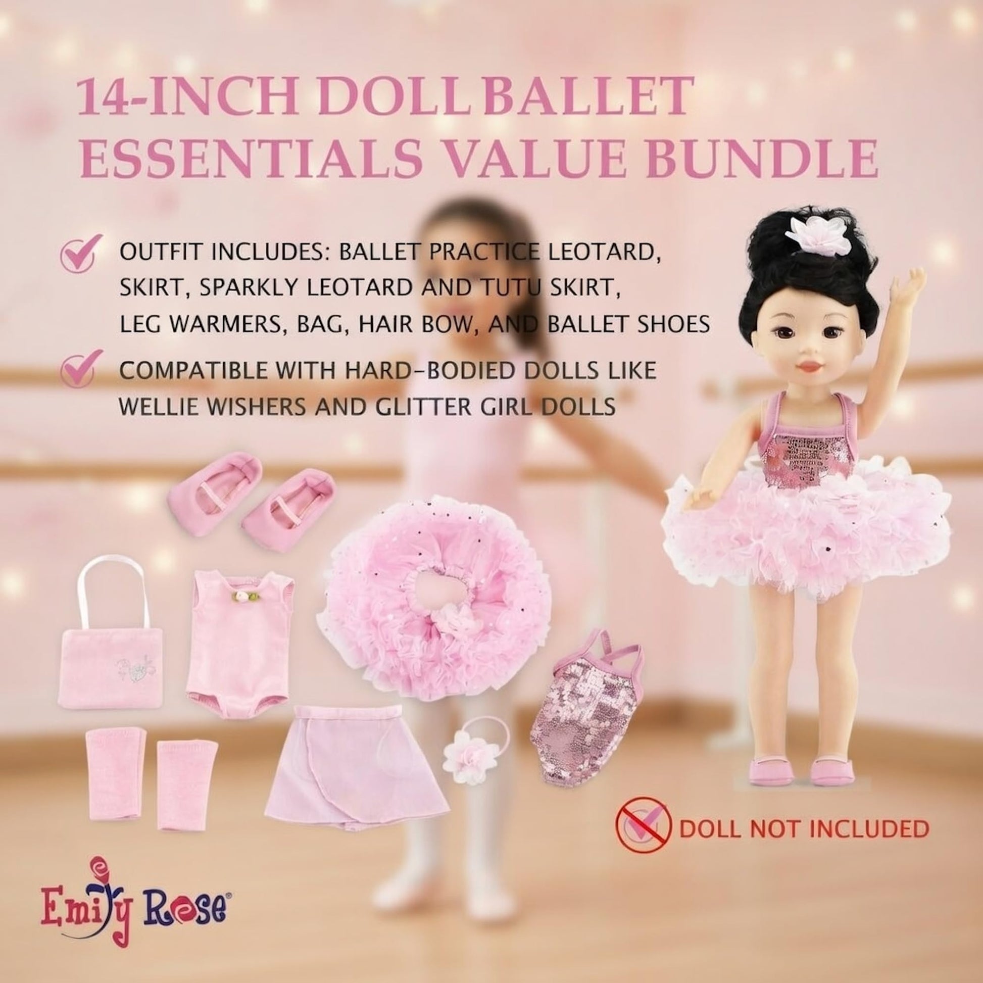 Emily Rose 14 Inch Fashion Doll Clothes 9-PC Ballet Essentials Bundle with Ballerina Practice Outfit & Sparkly Dance Recital Tutu | Halloween Costume