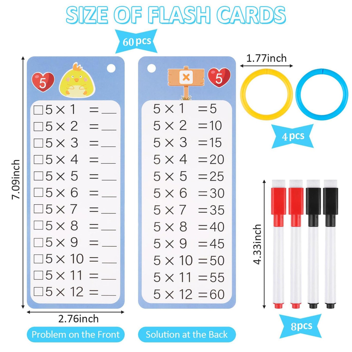 60Pcs Addition Subtraction Multiplication Division and Subtraction Flash Card, Math Flash Cards with 8 Dry Erase Pens 4 Rings, Time Table Flash Cards