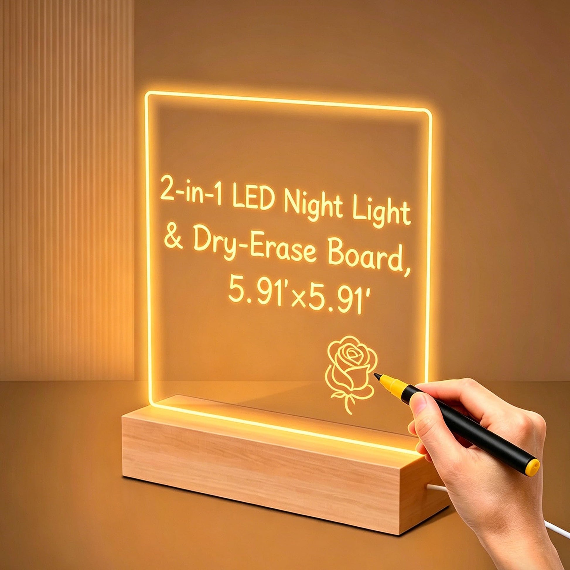2-in-1 LED Night Light & Dry-Erase Board, 5.91x5.91"Wooden Acrylic Light, LED Note Board Message Board, Arcrylic Memo Board Doodle Glow Board