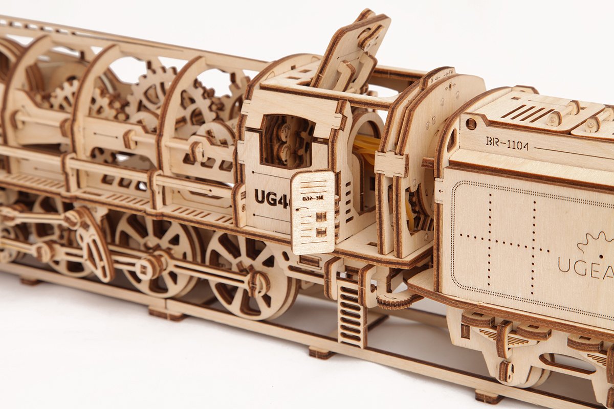 UGEARS Locomotive with Tender Mechanical 3D Puzzle, Wooden Construction Set, Business Gift, Christmas and Thanksgiving Present, Adult Craft Set