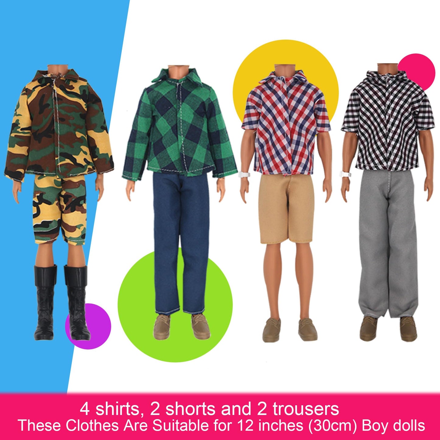 ZTWEDEN 32Pcs Doll Clothes and Accessories for 12 Inch Boy Dolls Include 20 Different Wear Clothes Shirt Jeans Beach Shorts 4 Pairs of Shoes, Glasses