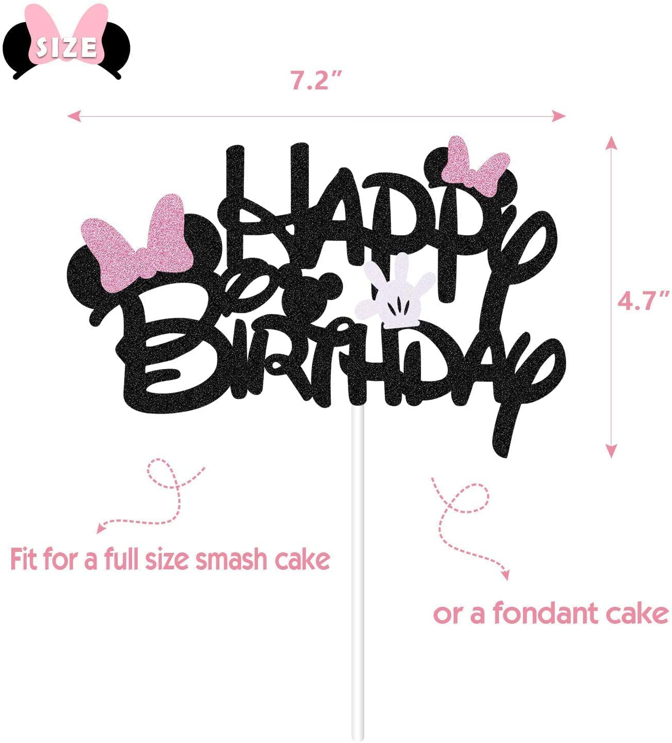 Black Glitter Minnie Inspired Happy Birthday Cake Topper with Pink Bows and White Gloves Girls Birthday Party Decorations Supplies