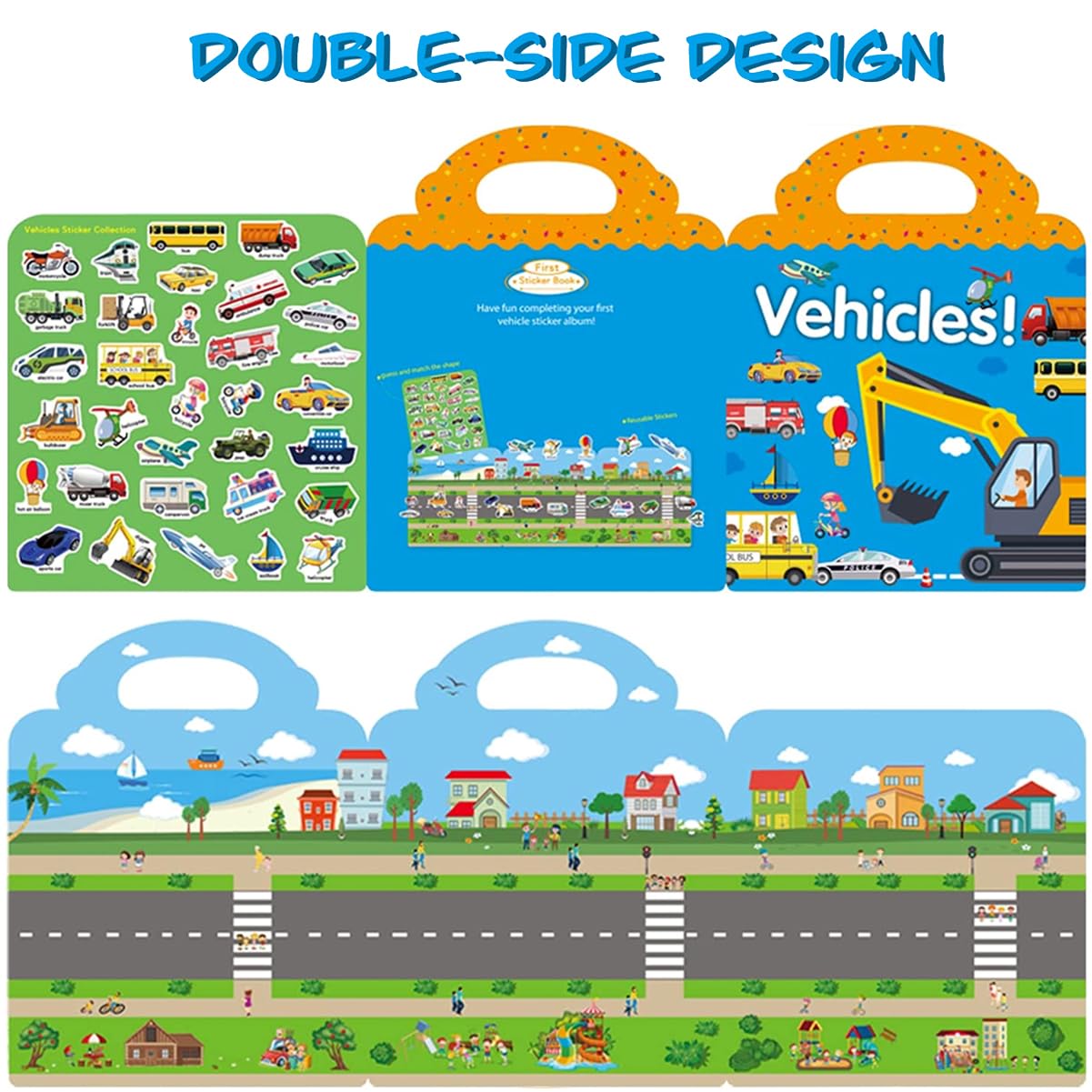 Reusable Sticker Books for Kids, Travel Removable Toddler Vehicle Sticker Books for 3 4 5 Year Old Girls Boys Birthday Gifts Educational Learning Toys