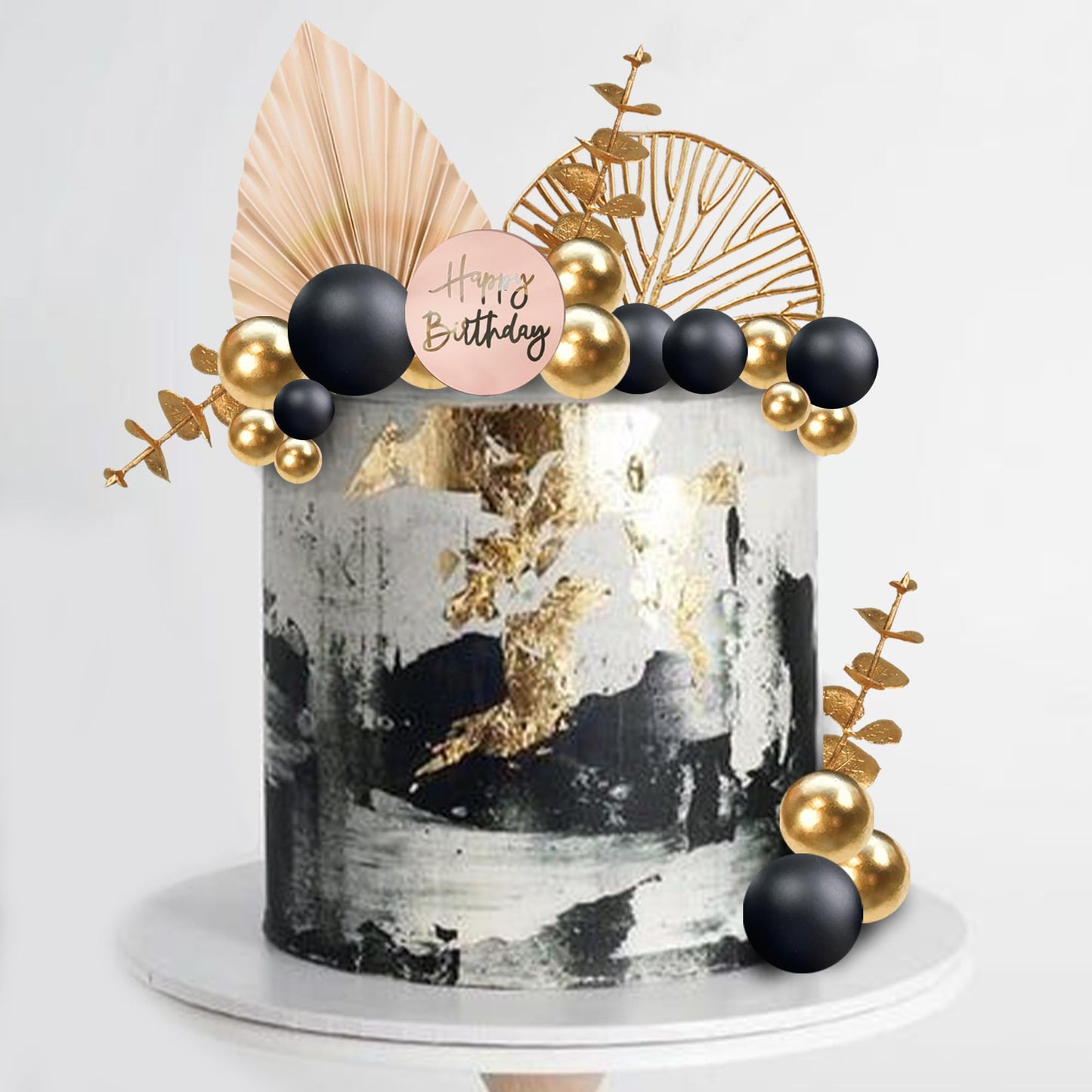 Boho Cake Topper Happy Birthday Cake Decorations with Balls Eucalyptus for Wedding Birthday Supplies (Black)