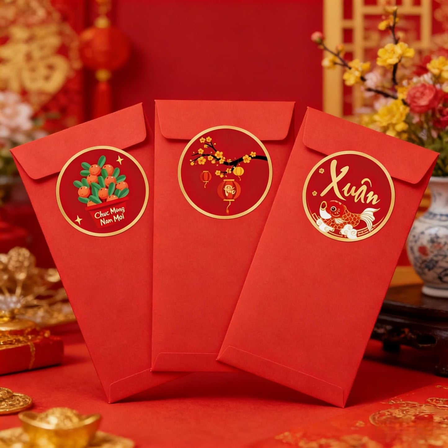 KYMY 2026 Vietnamese New Year Stickers, 180pcs T?t Vi?t NAM Spring Festival Paper Decals, Lunar New Year Zodiac Horse Round Labels for Party Favors