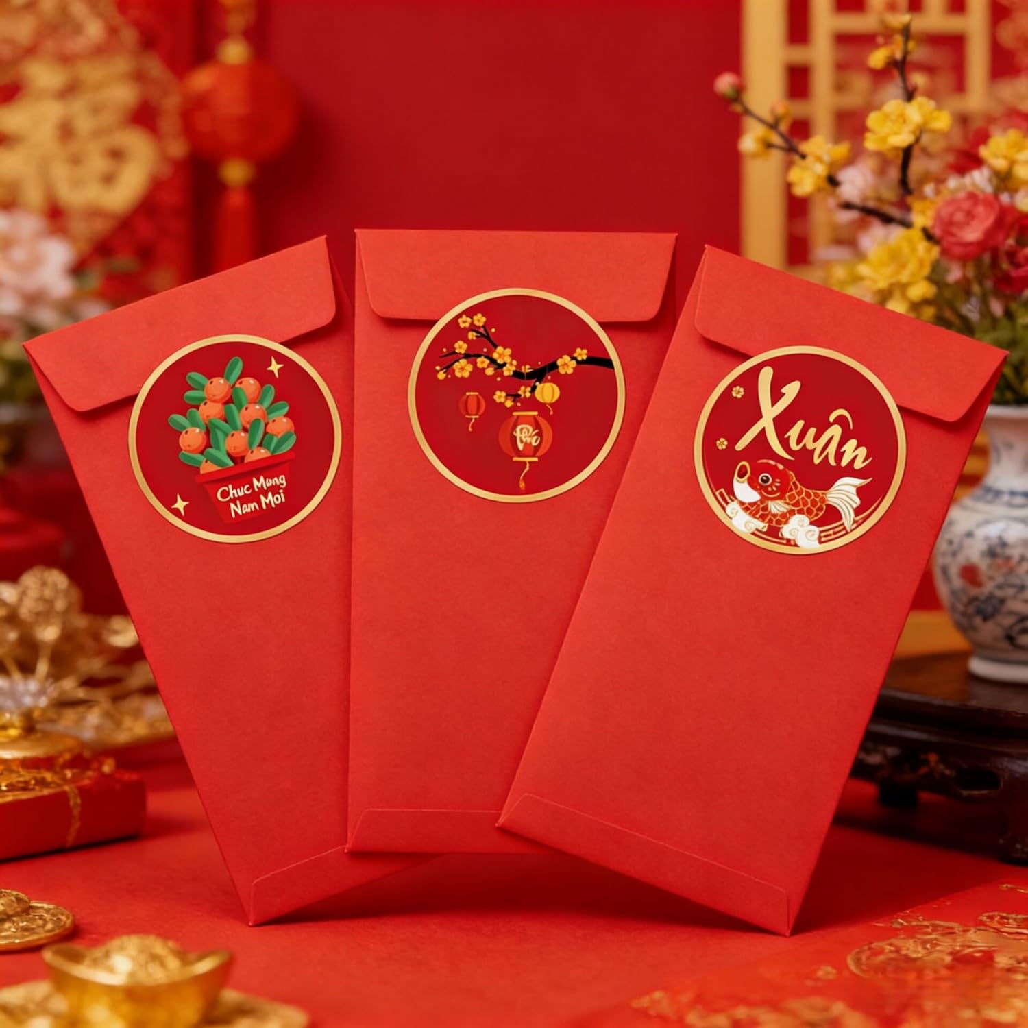 KYMY 2026 Vietnamese New Year Stickers, 180pcs T?t Vi?t NAM Spring Festival Paper Decals, Lunar New Year Zodiac Horse Round Labels for Party Favors