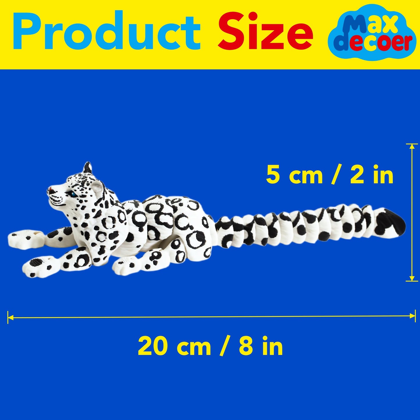 Maxdecoer 3D Printed Snow Leopard, 8" Flexible Articulated Snow Leopard Animal Figure, Desk Fidget Toy for Stress Relief & Office Decor Gift