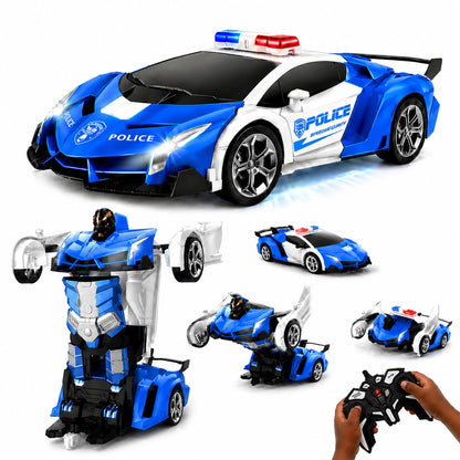 FIGROL Police Transformer Car, 2.4GHz Remote Control Police Car, One-Key Auto Transform, Dual Rechargeable Batteries, 360° Rotation, LED Lights Toy