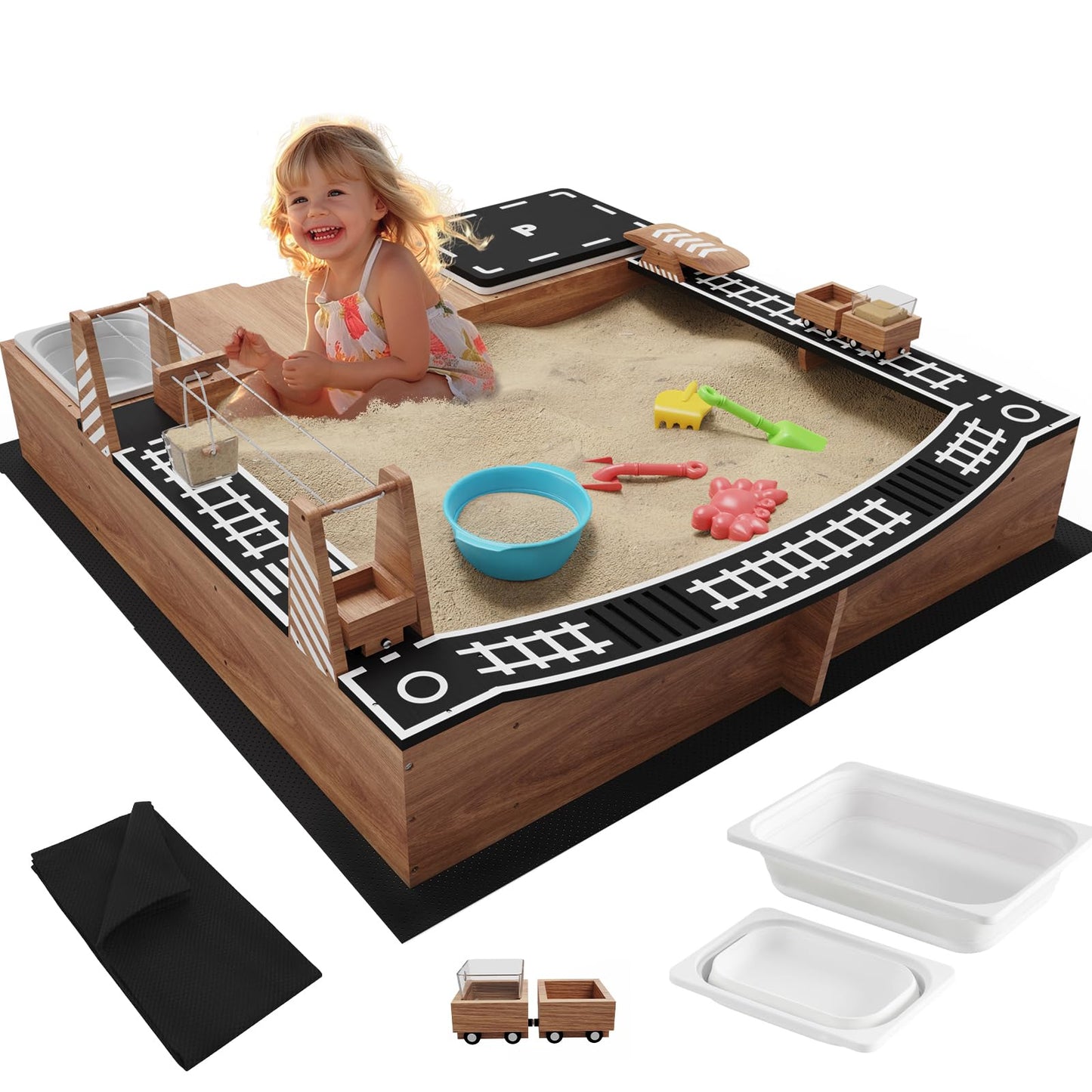 IDEA FAMILY Kids Wooden Sandbox with Fun Sand Play Theme,2 Toy Buckets & 3 Reinforced Benches Outdoor Sand Box for Backyard Garden Patio Lawn Cedar