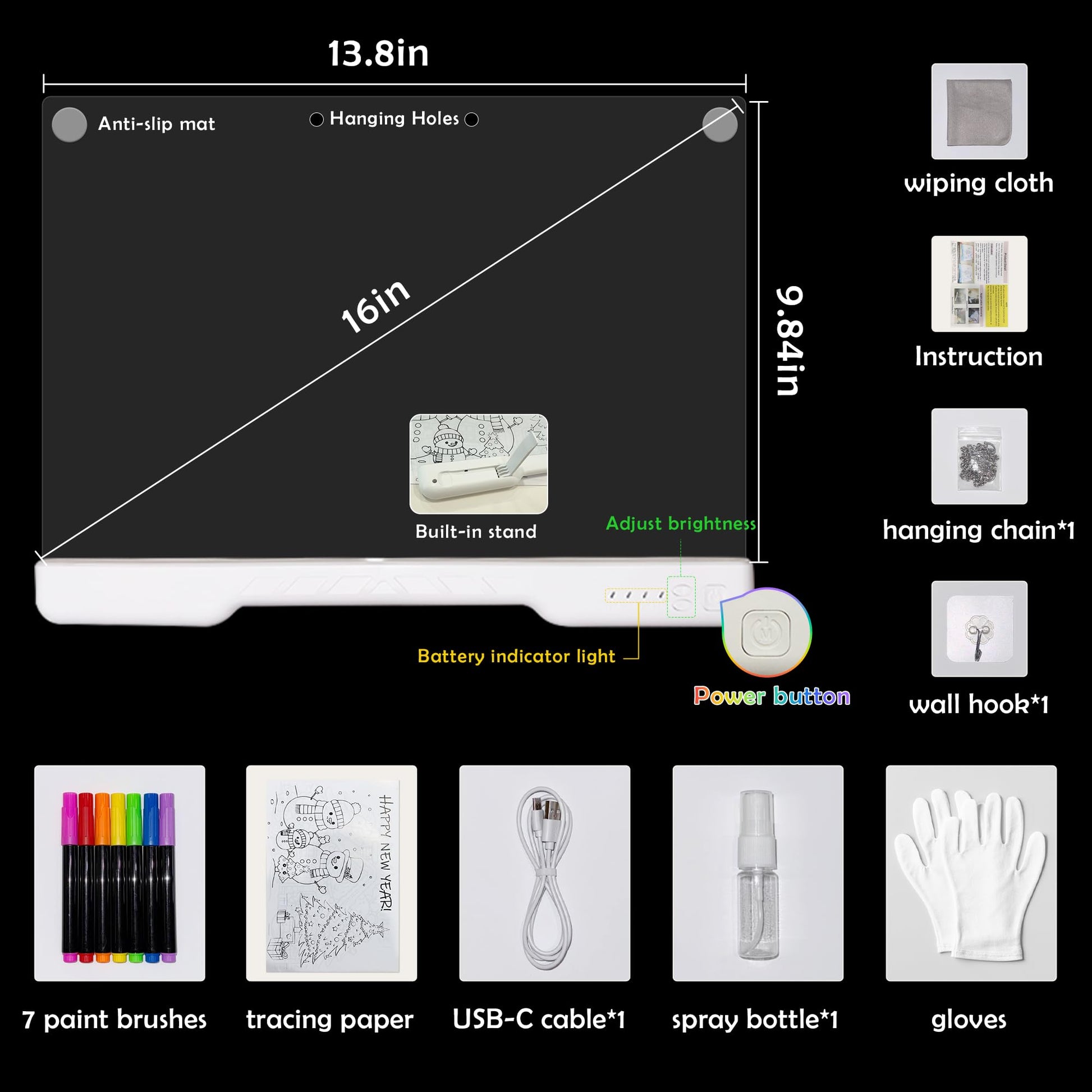 16-Inch LED Drawing Board for Kids, Light Up Drawing Tablet & Tracing Pad, Rechargeable Reusable Art Board Toy, Birthday Gifts for Girls Boys Ages