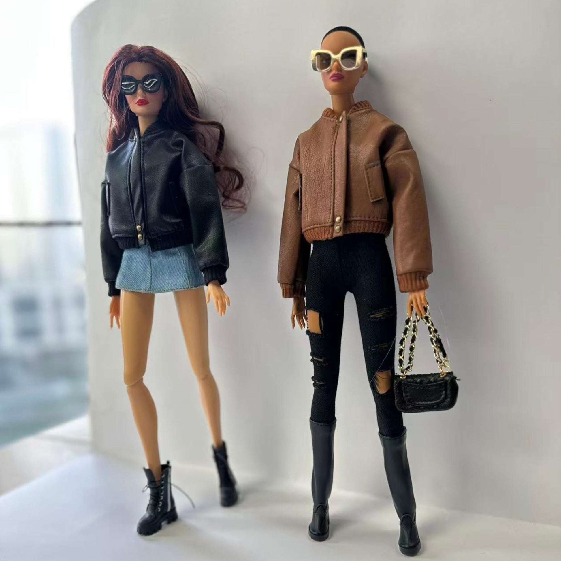 AQQeenmiu Fashion Doll Outfit Set, Bomber Jacket with Combat Boots and Chain Bag, for 11.5-12 inch Dolls, 1/6 BJD (Brown Bomber Jacke)