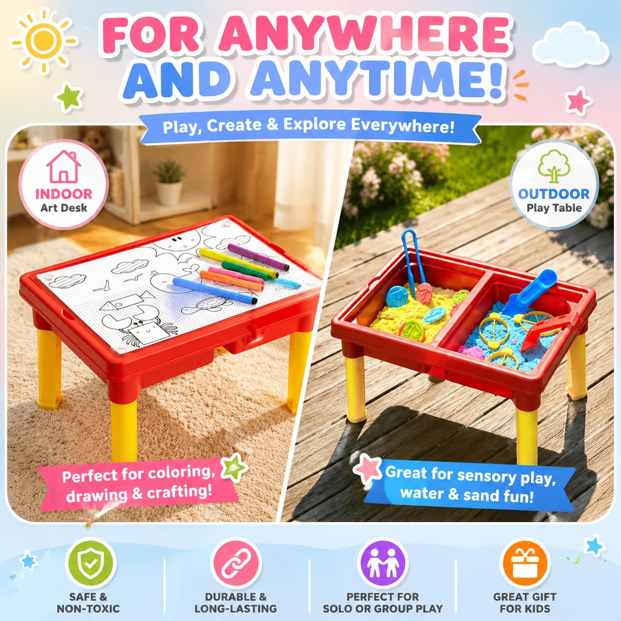 Carolart Sand Table, Indoor Outdoor Sensory Table Gift for Kids 3+