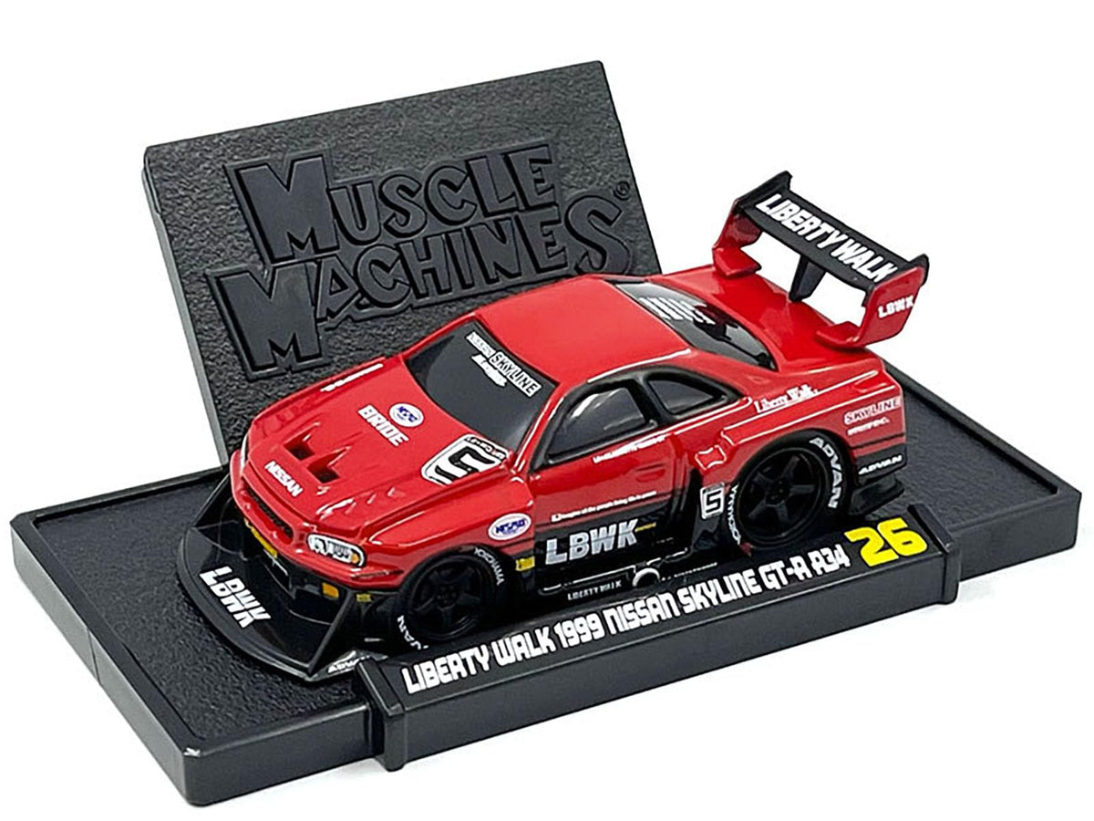 1999 Skyline GT-R (R34) #5 "Liberty Walk Red and Black 1/64 Diecast Model Car by Muscle Machines 15566RD