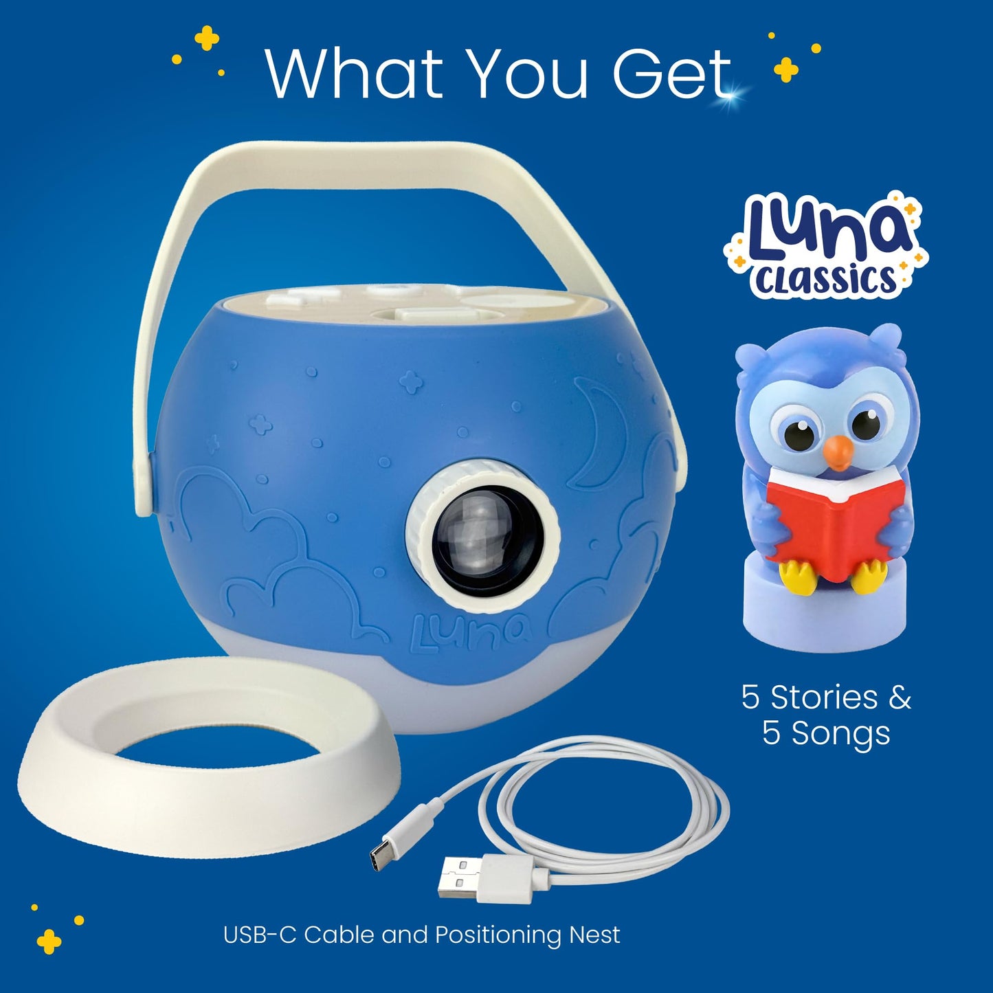 LUNA STORYTIME Kids Book Projector - 5 Read-Aloud Stories, 5 Songs, Night Light & Soothing Dream Music | Children Ages 3+ Storytime Projector for Kids