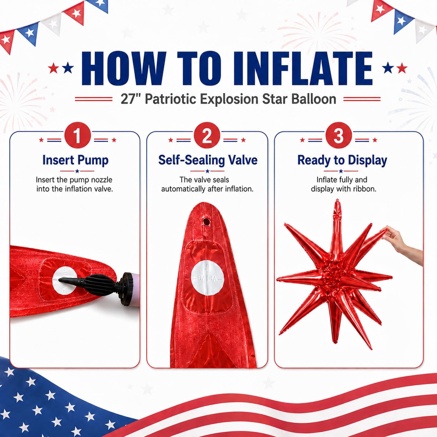 6 Pieces 27 Inches Red White Blue Star Explosion Balloons, Large 14-Pointed One-Piece Cone Stars Fireworks Aluminum Foil Balloons for 4th of July