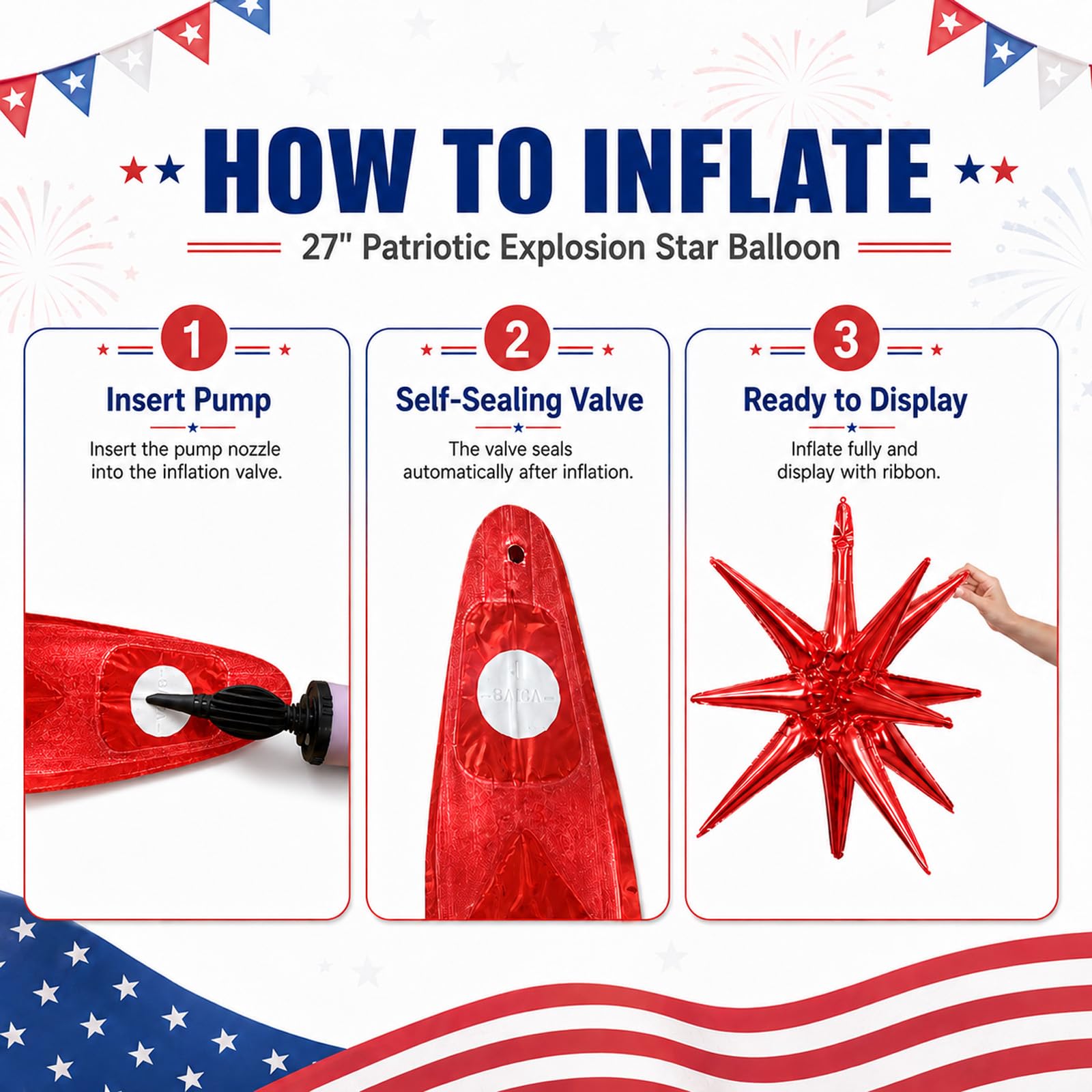 6 Pieces 27 Inches Red White Blue Star Explosion Balloons, Large 14-Pointed One-Piece Cone Stars Fireworks Aluminum Foil Balloons for 4th of July