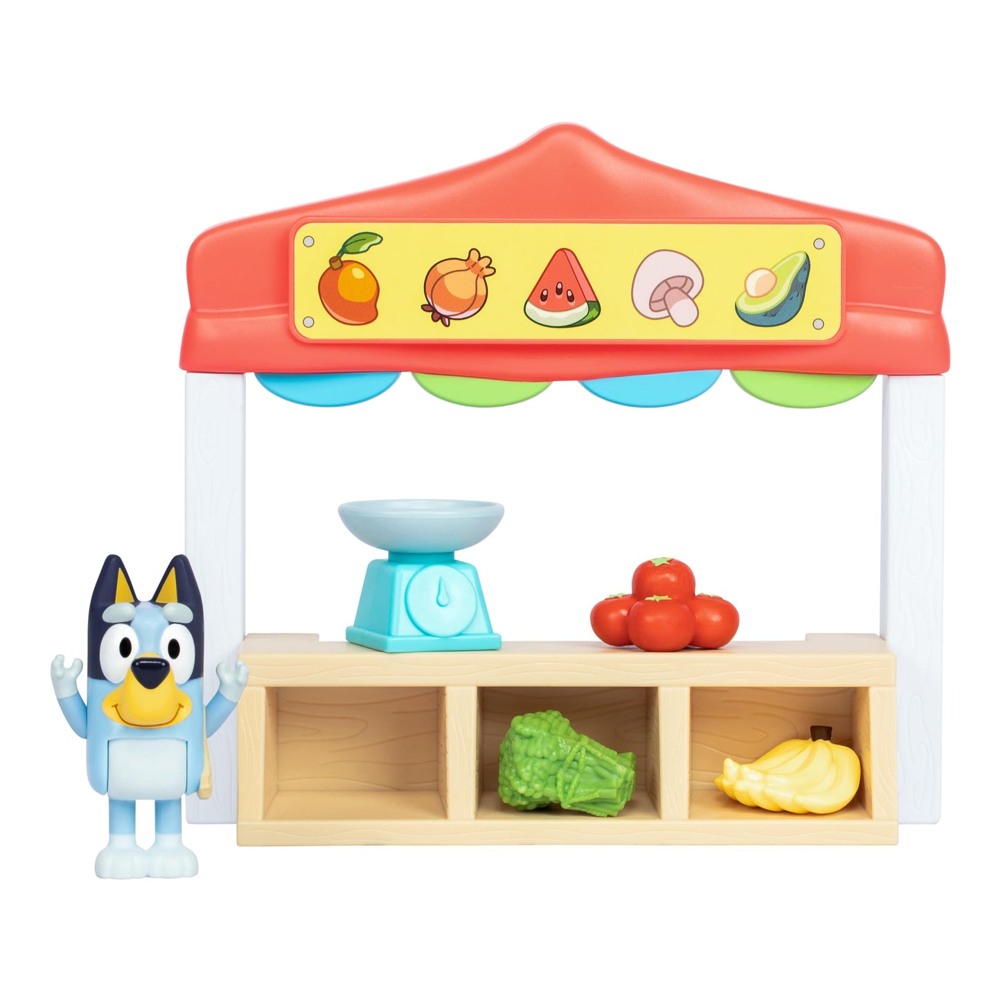 Bluey Farmers Market Playset, Toy Store Playset with Articulated Figurine, Toy Scale, Dollar Bucks, and Food Items, Shopping Toys for Kids Ages 3+