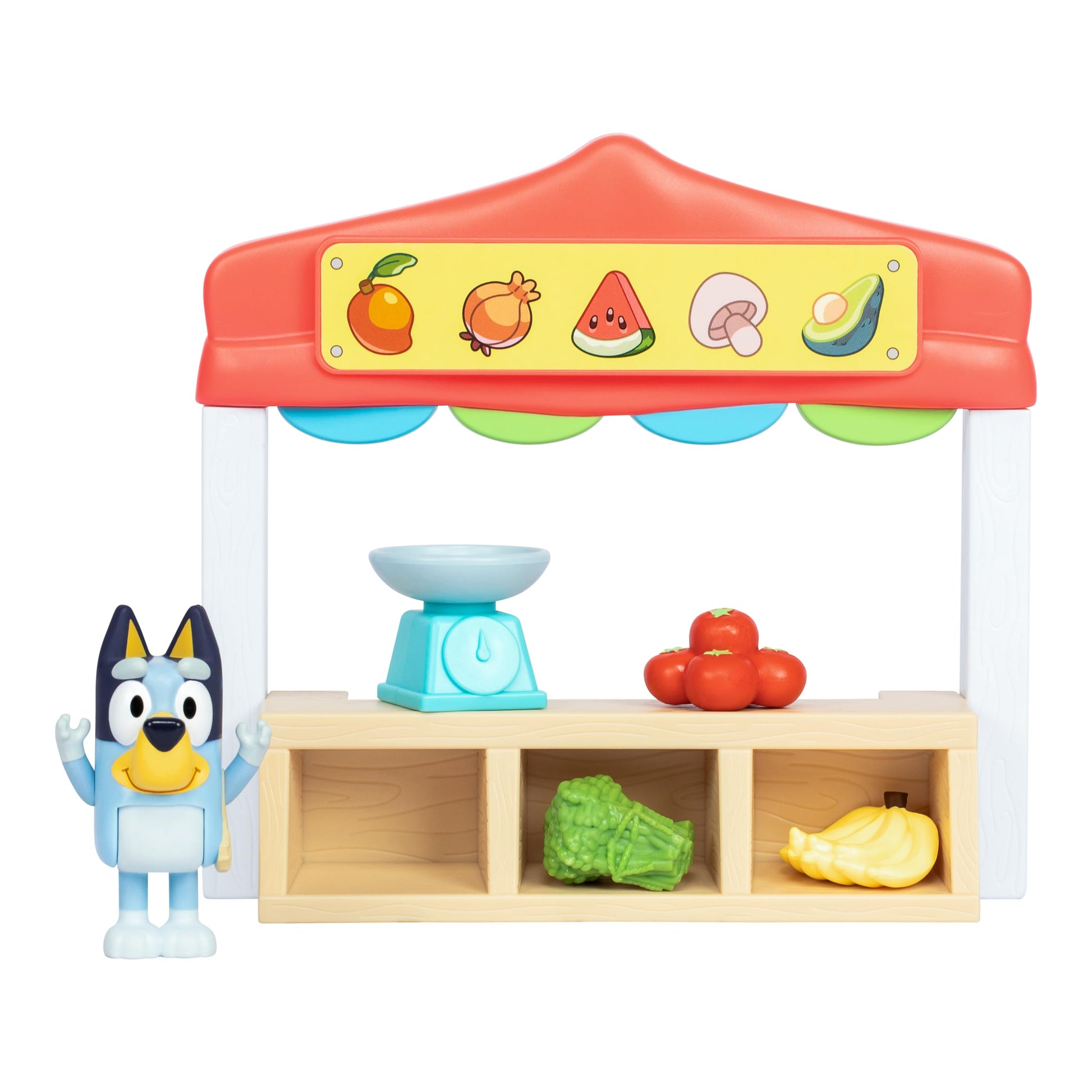 Bluey Farmers Market Playset, Toy Store Playset with Articulated Figurine, Toy Scale, Dollar Bucks, and Food Items, Shopping Toys for Kids Ages 3+