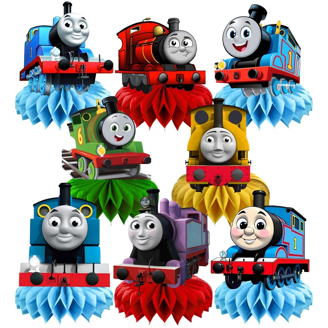 8Pcs Thomas Train Table Centerpieces Birthday Party Supplies Double Side Table Decorations for Thomas Train Themed Party Decorations