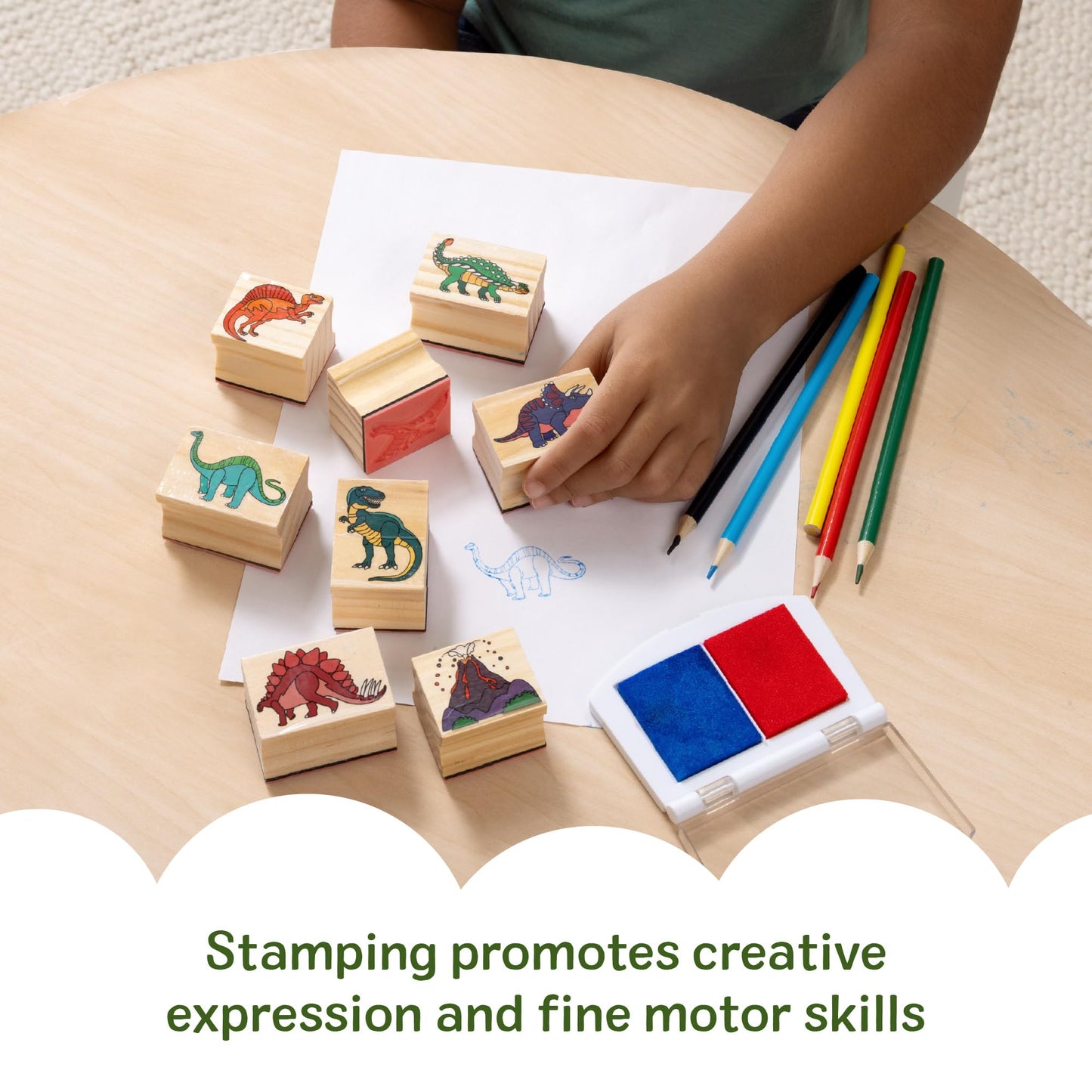 Melissa & Doug Wooden Stamp Set: Dinosaurs - 8 Stamps, 5 Colored Pencils, 2-Color Stamp Pad - FSC Certified