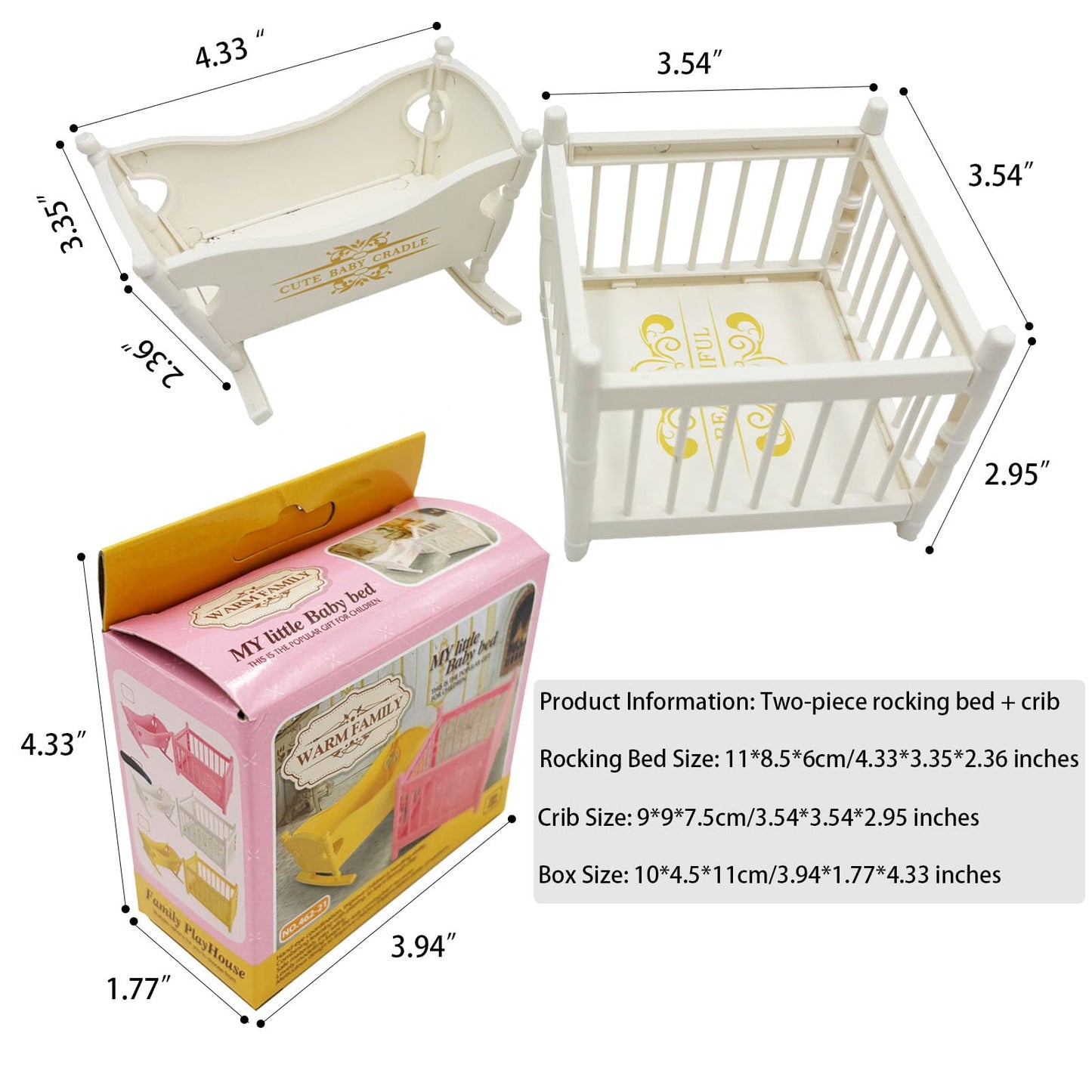 Miniature Dollhouse Furniture Set,Mini Doll Rocking Crib + Square Bed, Dollhouse Furniture Crib Wobble Toys Baby Doll Cradle White Wooden Bamboo Silk