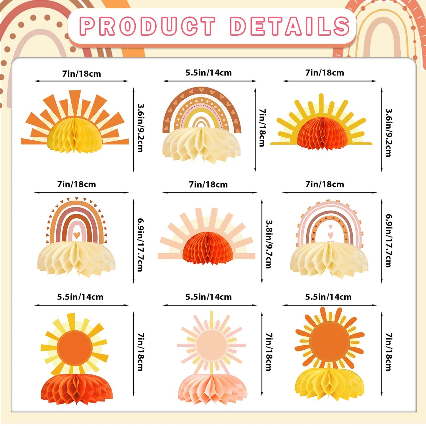 9pcs Boho Sun Honeycomb Centerpieces, First Trip Around The Sun Decorations, Boho Rainbow Sunrise Party Decorations, Sunshine Birthday Table Toppers