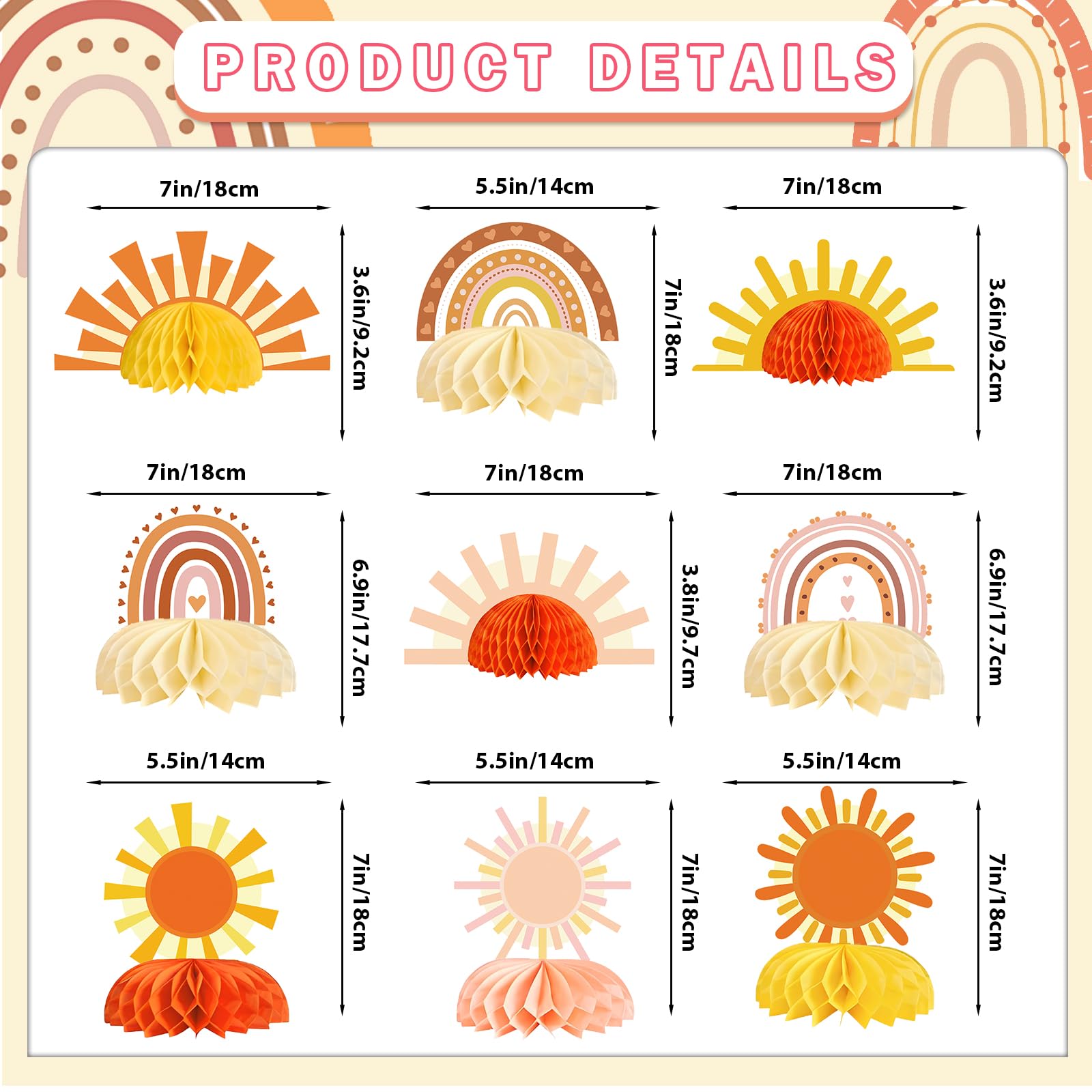 9pcs Boho Sun Honeycomb Centerpieces, First Trip Around The Sun Decorations, Boho Rainbow Sunrise Party Decorations, Sunshine Birthday Table Toppers