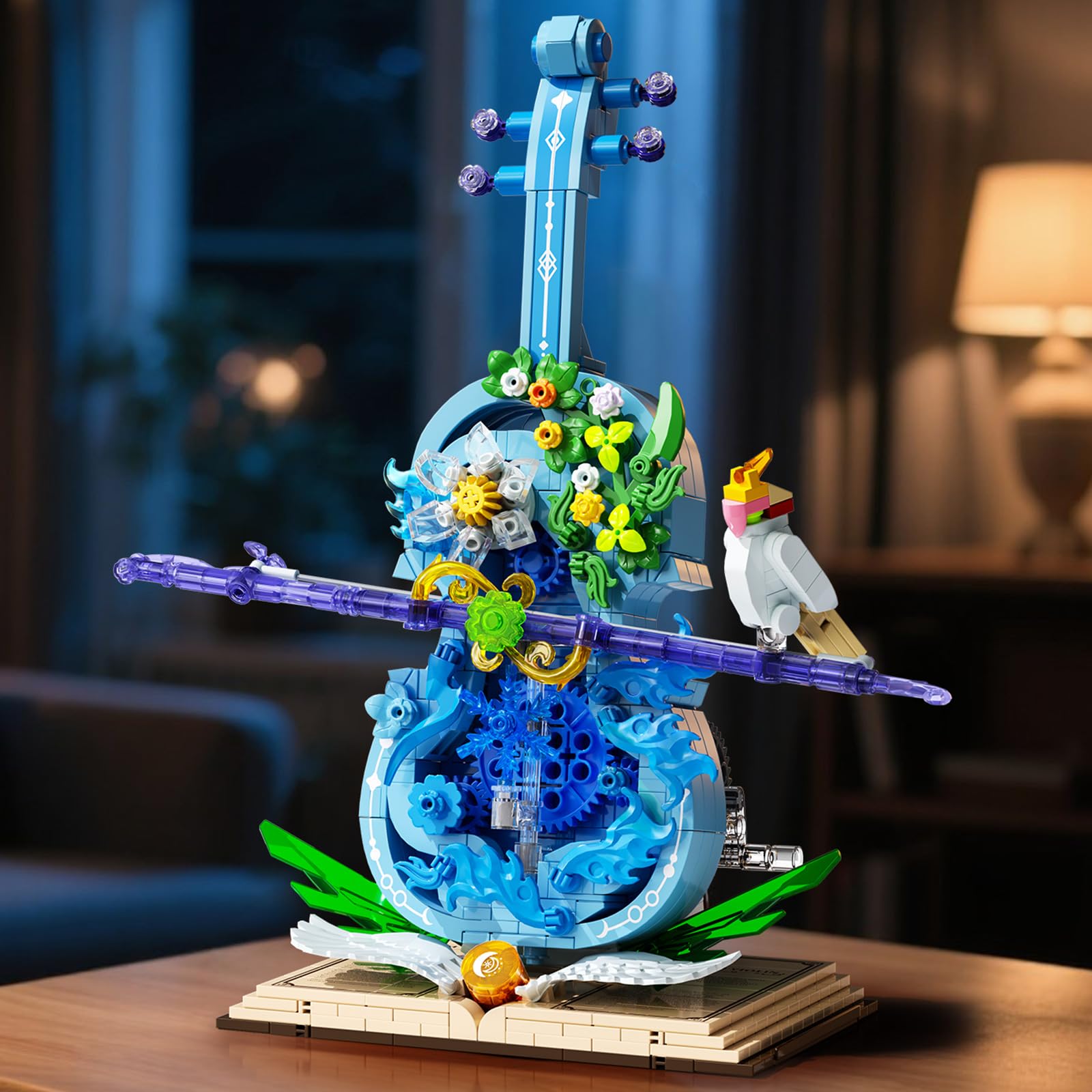 Flower Violin Building Set, Music Instrument Building Toy with Light, Creative Botanical Model Kits for Adults Teen Girls Women, with Bird & Floral