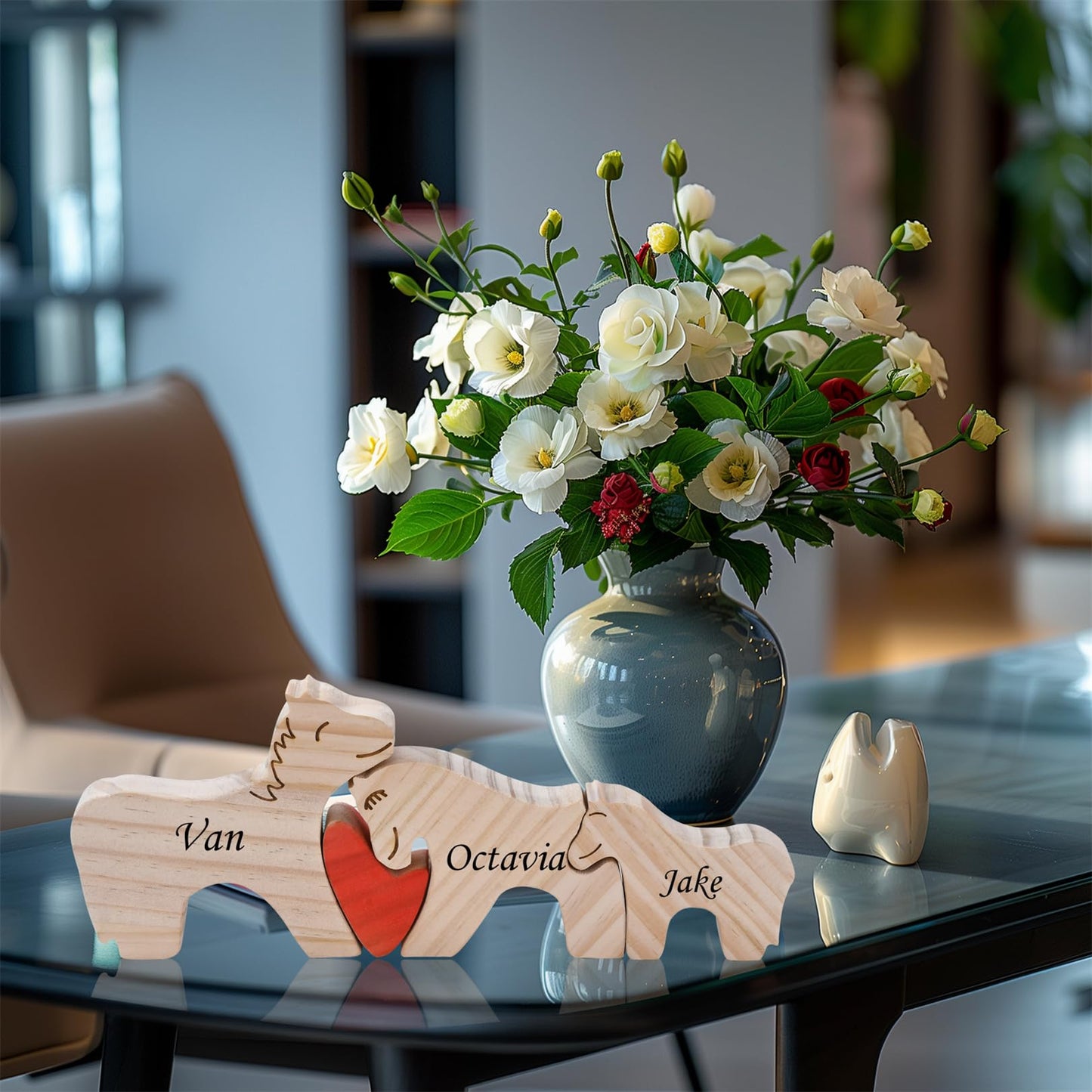 LucySky Personalized Family Name Puzzle - Wooden Pony Puzzle Animal Sculpture Decorative with 2-4 Name, Customized Wooden Gifts for Birthday Christmas