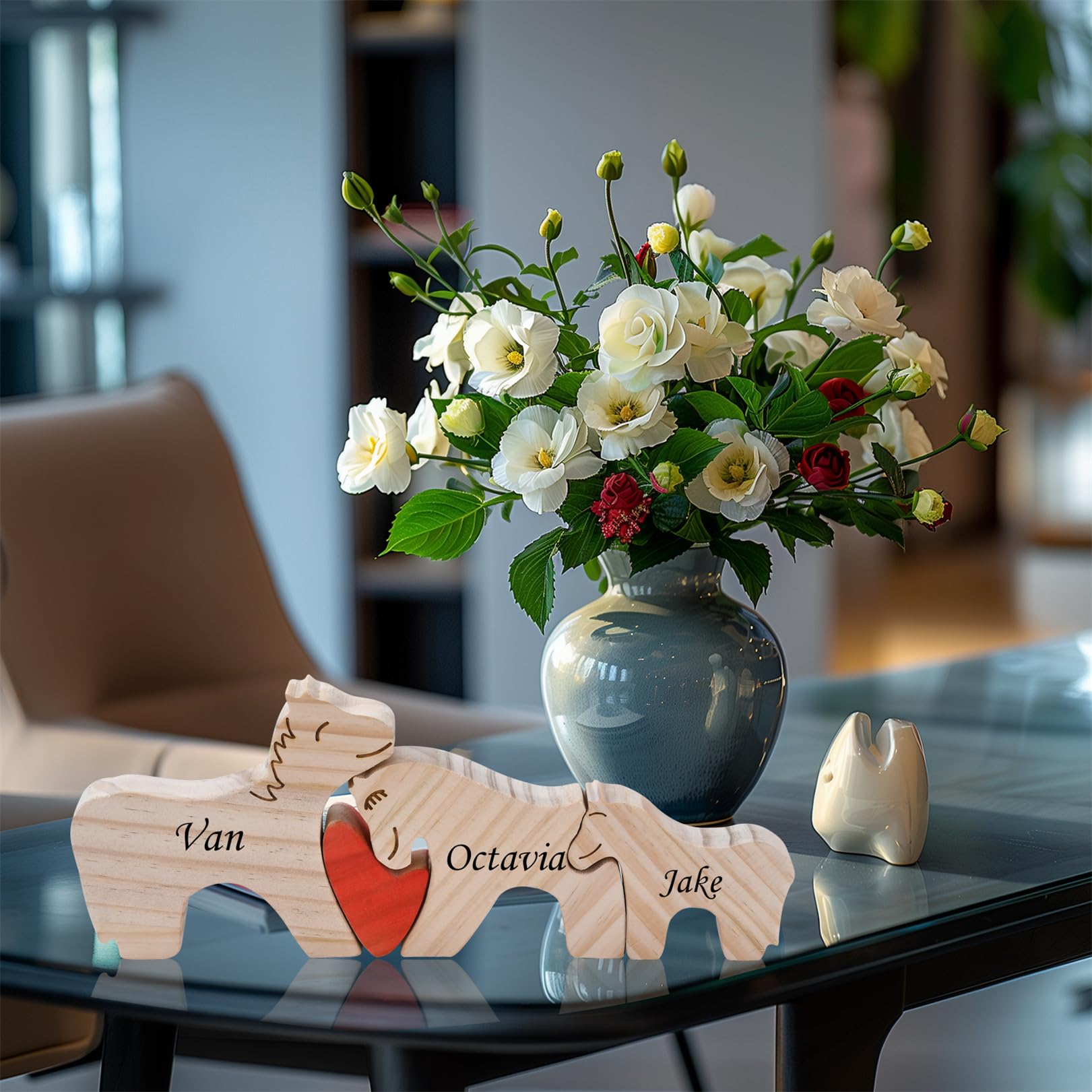 LucySky Personalized Family Name Puzzle - Wooden Pony Puzzle Animal Sculpture Decorative with 2-4 Name, Customized Wooden Gifts for Birthday Christmas