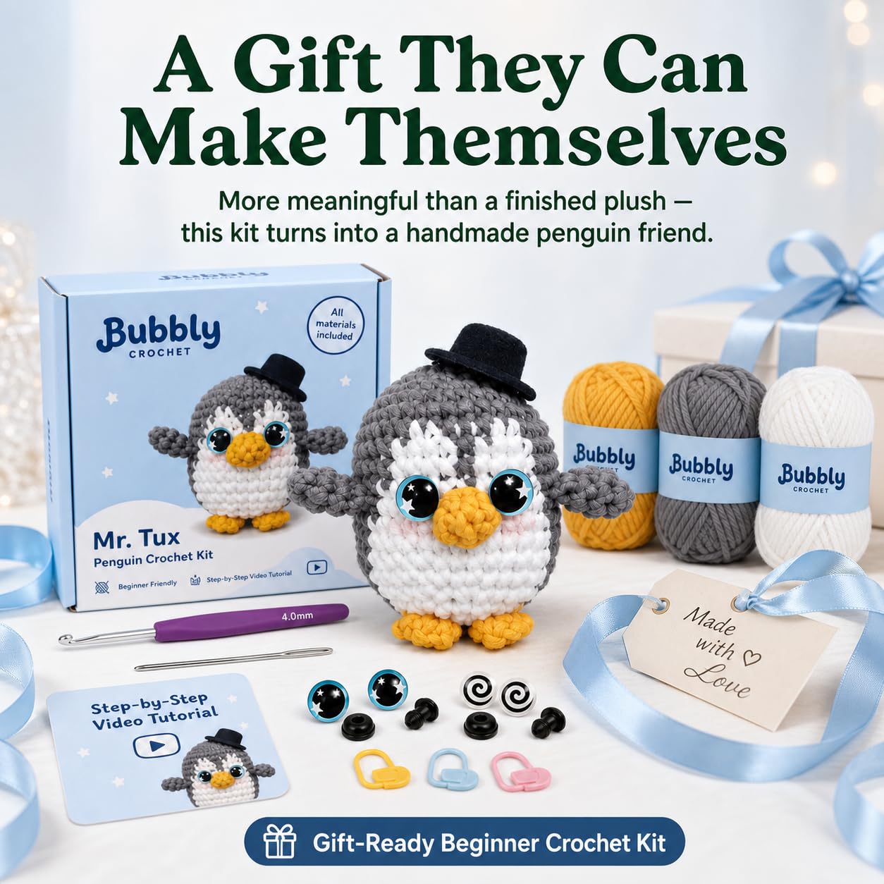 Bubbly Crochet Mr. Tux the Penguin Crochet Kit for Beginners - DIY Penguin Plush with Customizable Eyes & Hat, Step-by-Step Video Tutorials