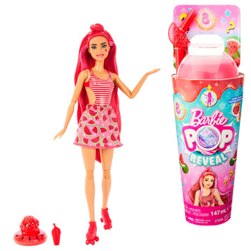 Barbie Pop Reveal Doll & Accessories, Watermelon Crush Scent with Red Hair, 8 Surprises Include Slime & Squishy Puppy