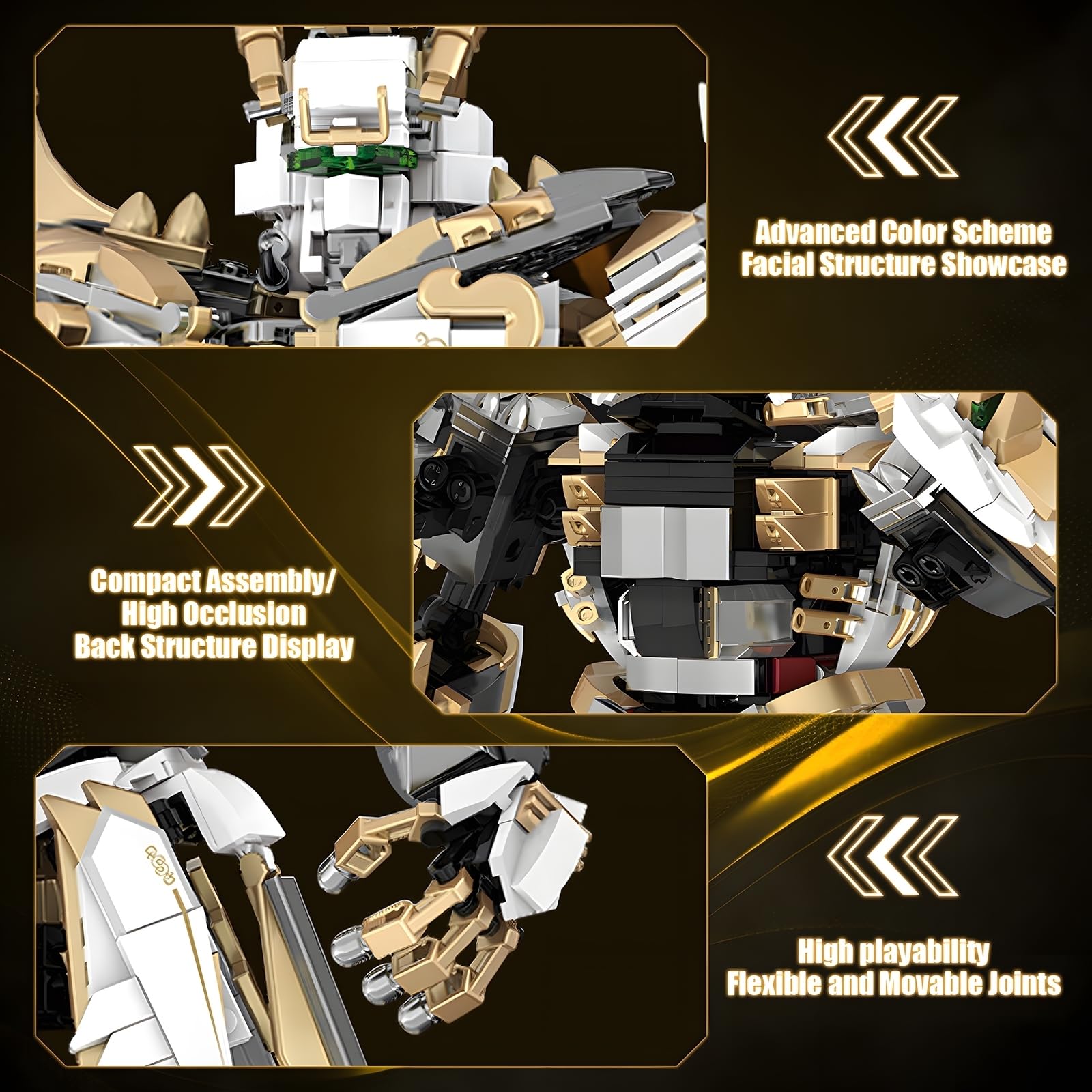 HIGH GODO Hero Mech Building Blocks Set for Adults?Golden Armor Robot Model Building Kit with Classic Swords, Hard Core Chinoiserie Style Collectible