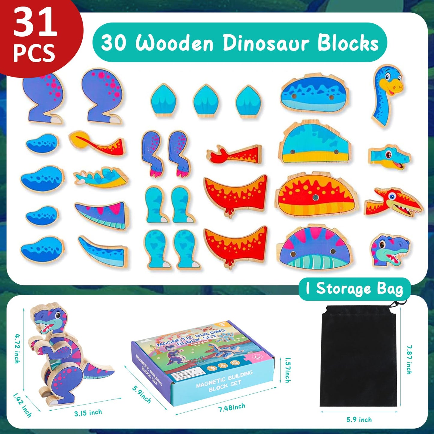 JugueteLand Magnetic Dinosaur Building Blocks, Wooden Dino Snap Blocks, STEM Take Apart Dinosaurs Playset, Montessori Fine Motor Skills Educational