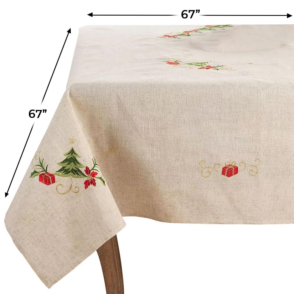 SARO LIFESTYLE Embroidered Christmas Tree Design Linen Blend Tablecloth, Natural, 67" x 67"