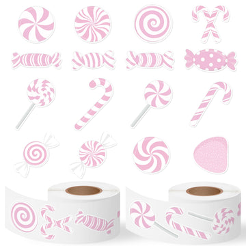 DSjuedui Pink Candy Cane Gumdrop Roll Stickers - 1000Pcs Pink Peppermint Self-Adhesive Decals for Kids, Christmas Joy Candy Theme Stickers for Party