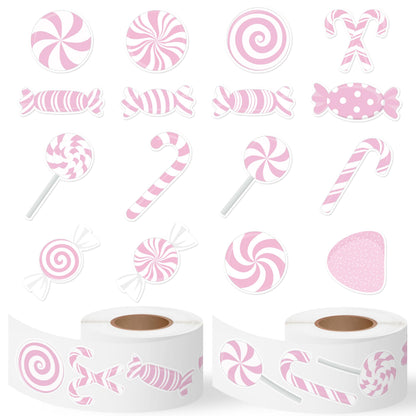 DSjuedui Pink Candy Cane Gumdrop Roll Stickers - 1000Pcs Pink Peppermint Self-Adhesive Decals for Kids, Christmas Joy Candy Theme Stickers for Party