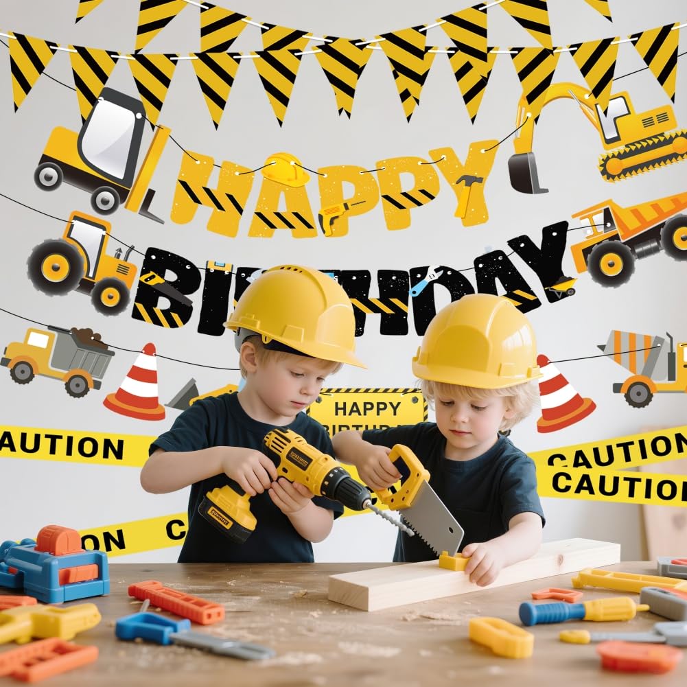 Construction Party Supplies Dump Truck Party Decorations Set with caution tape, construction pennant flags, Happy Birthday Banner, Vehicle Banner