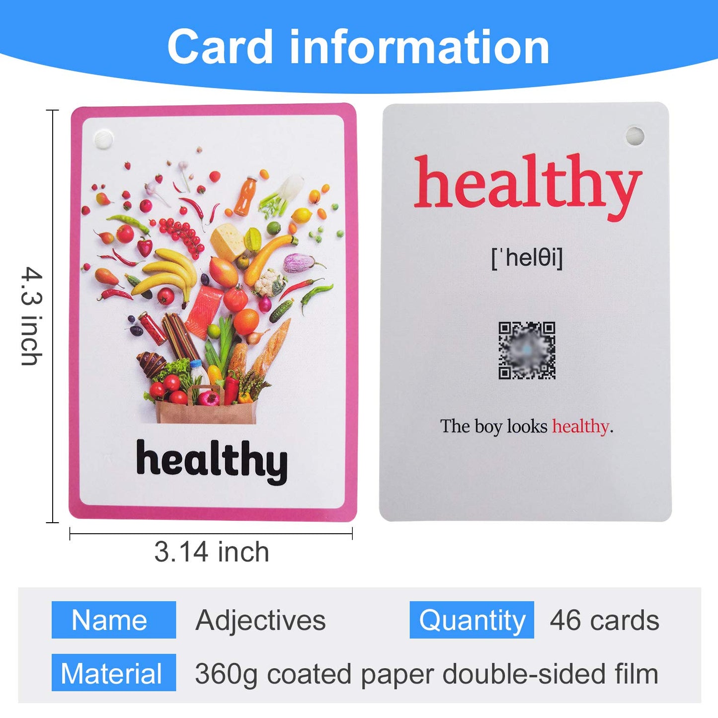 Zwttey 46PCS/Set Adjectives Kids Gifts English Flash Cards Pocket Card Educational Learning Baby Toys for Children Pre-Kindergarten