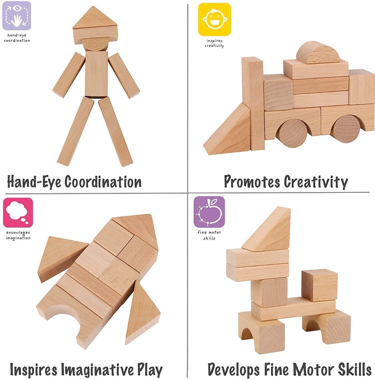 Pidoko Kids Wooden Blocks - 100 Pcs - Building Blocks for Toddlers - Includes Storage Container with Shape Sorter Lid - Natural Beech Wood Blocks