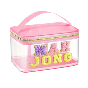 Loyipu PVC Transparent Mahjong Carry Bag with Embroidered MAH Jong - Mint Green/Purple/Pink | Fits Standard American Mahjong Tiles, Dice & Scorecards